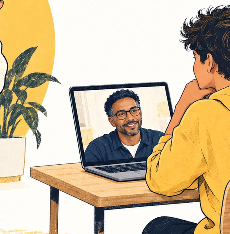 Illustration of a child making room for a conversation with a human mentor online